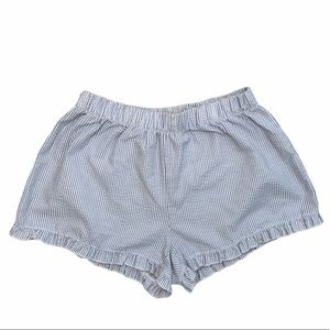 Blue and White Vertical Striped Ruffle Seersucker Pajama Shorts Size Large